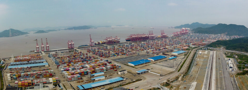 Container terminals and cranes at the Chuanshan area of Ningbo-Zhoushan Port, photographed in 2020
