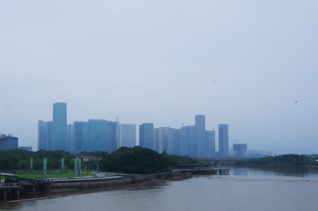 Yiwu city skyline and waterfront in Zhejiang, photographed in 2017